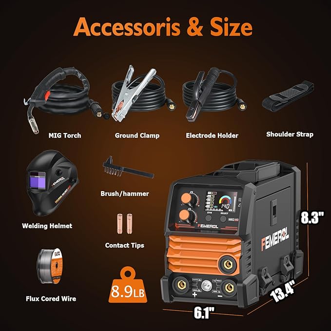 140A 3 in 1 MIG Welder,Flux Core, MIG/Lift TIG/Stick Welding Machine 110V Portable IGBT Inverter Synergic Control, LED Display with Welding Helmets