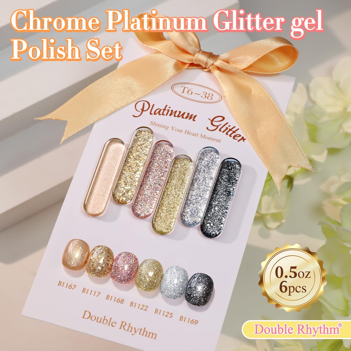 Double Rhythm 0.5 Oz Glitter Gel Polish Set of 6 Color with Display Borad 15 ml Full Size Kit Shimmer Reflective Sparkle Soak Off Manicure Salon DIY at Home (Rose Gold Silver Black Bright-T6-38)