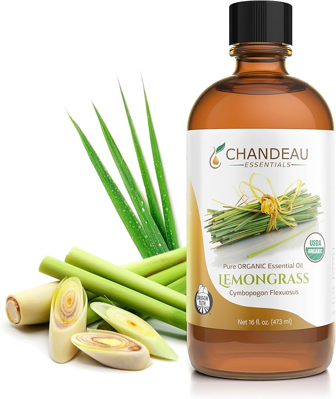 100% Pure Organic Essential Oil, Pure Lemongrass Essential Oil for Aromatherapy, Soap Making, Candles, Laundry, Perfume, Cleaners or Diffusers - Large Amber Glass Bottle, 16 oz.