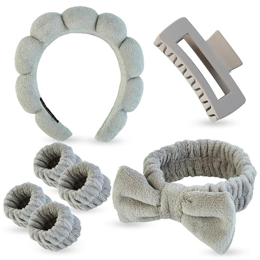 7 Pcs Spa Set, Facial Headband, Spa Headband and Wristband Set, Skincare Headband, College Style Girl Gift, Hair Accessories for Women and Girls（Light Coffee ）