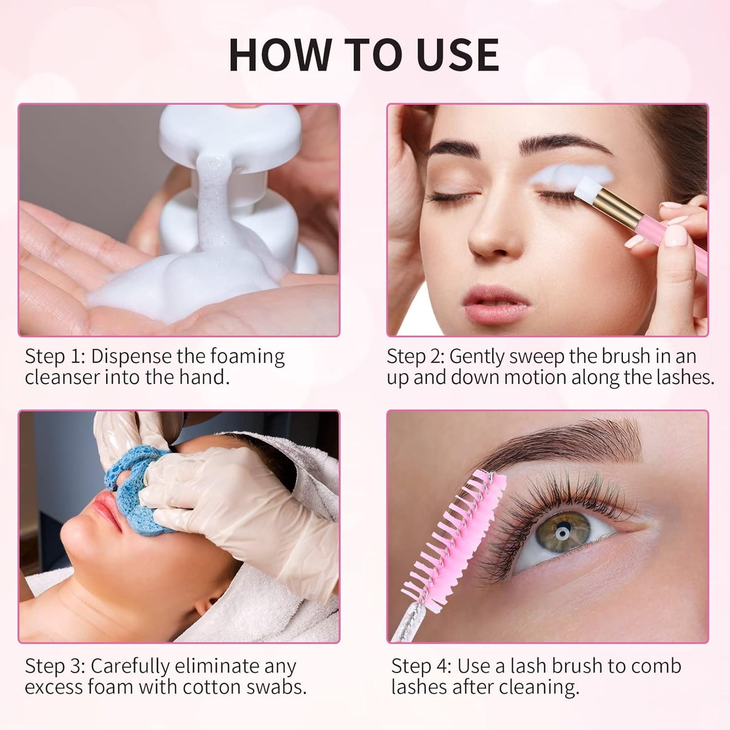 100 Pcs Lash Shampoo Bottle Brushes Set 20 Empty Foam Pump Dispensers 20 Label Stickers 20 Mascara Wands and Tubes 20 Cleansing Brush 20 Bag for Eyelash Extensions Aftercare(Pink)