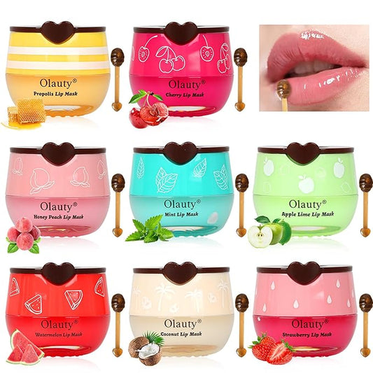 Bee Lip Balm Honey Pot,8PCS Lip Mask Overnight,Hydrating Prevention Dry and Cracked Lip Scrubs Exfoliator Lip Care,Moisturizing Lip Sleeping Mask Reduces Lip Lines