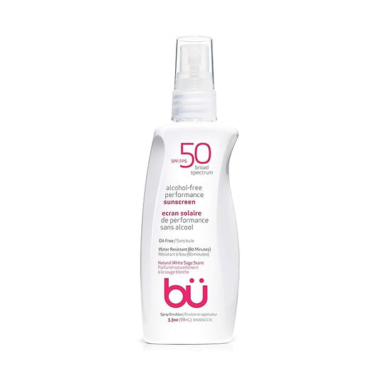 BU SPF 50 Sunscreen Spray for Face and Body, Non Aerosol Spray, TSA Travel Size Sunscreen, Clear, Non Greasy, Water Resistant, White Sage 3.3 oz