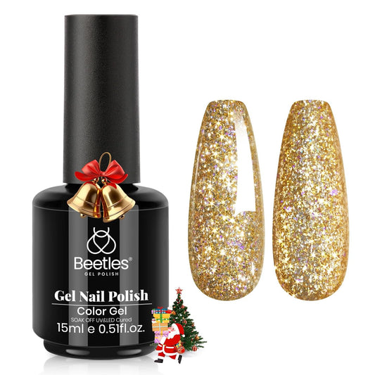 Beetles Glitter Gel Nail Polish – Starlit Gold Sparkling Glitter Reflective Purple Gel Polish 15ml UV/LED Soak Off Long Lasting Nail Art Home DIY Salon