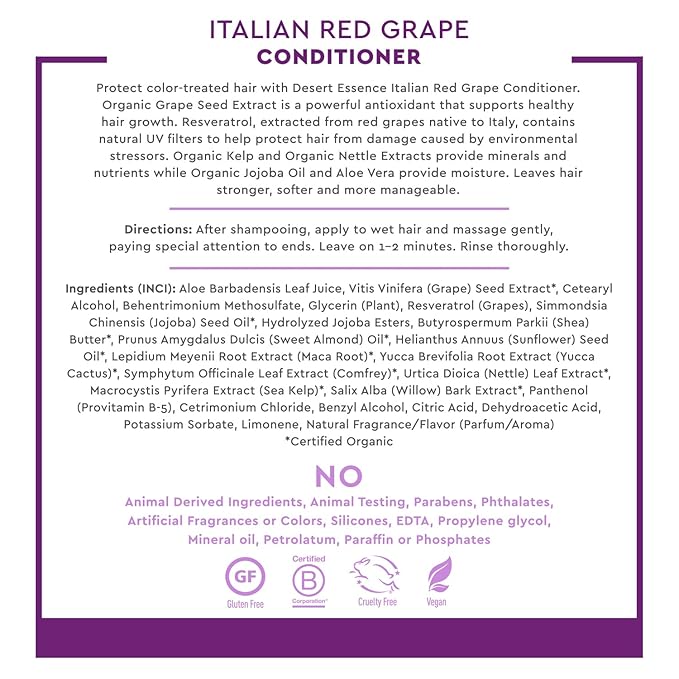 Desert Essence Italian Red Grape Conditioner Antioxidant-Rich Resveratrol, Organic Sea Kelp & Nettle Extracts Minerals & Vitamins - Vegan, Gluten-Free, Cruelty-Free - 8oz