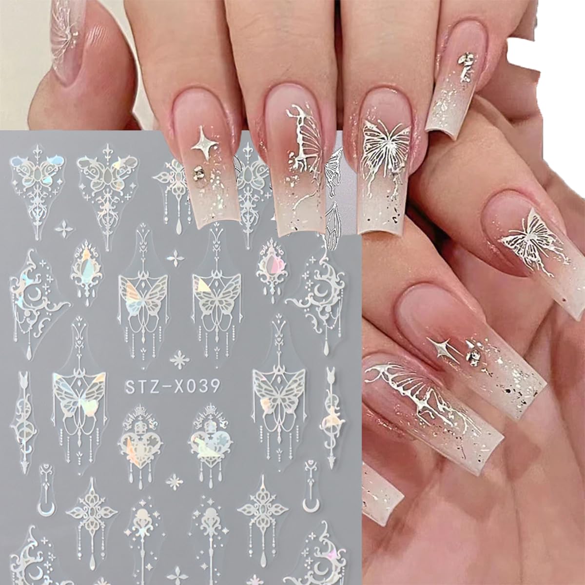 8 Sheets Holographic Butterfly Nail Art Stickers - 3D Self-Adhesive Designer Decals for Nail Art Charms - Blue White Glitter Nail Design for Women Nail Decor