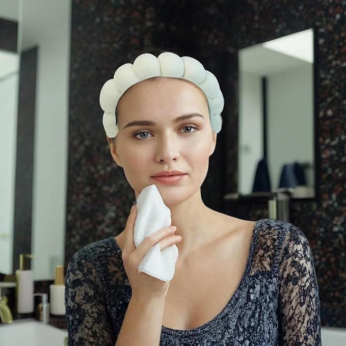 7 Pcs Spa Set, Facial Headband, Spa Headband and Wristband Set, Skincare Headband, College Style Girl Gift, Hair Accessories for Women and Girls（Light Beige）