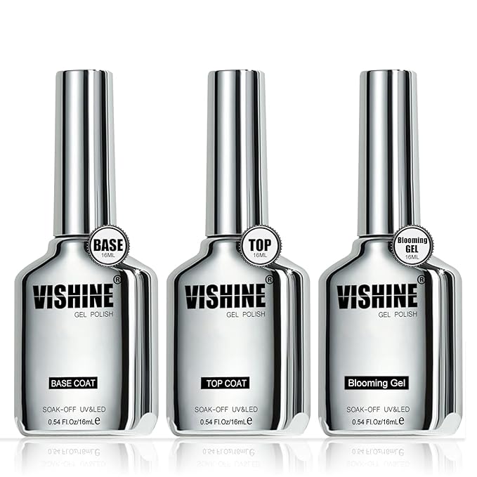 Vishine 3Pcs 16ml No Wipe Gel Base Top Coat Set & Blooming Gel, Shine Finish Top Base Gel Spreading Marble Effect Long Lasting Soak off UV LED Nail Gel Nail Art Design
