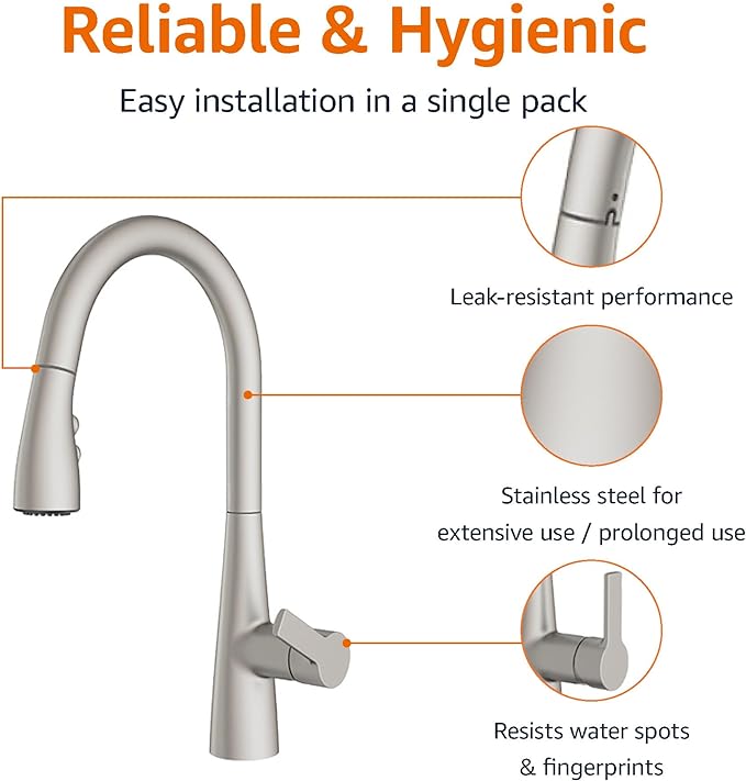 Amazon Basics Kitchen Faucet, Pull-Down Sink with Fast Mount, Spot-Free Stainless Finish, 1-Pack