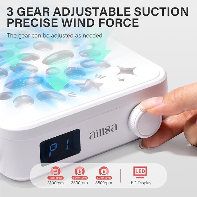 Aillsa Nail Dust Collector: Professional Powerful Suction Dust Collector Nail Tech Adjustable Speed with LED Display & Brush & Filter Paper Dust Collector for Manicure Salon & Home Use（White）