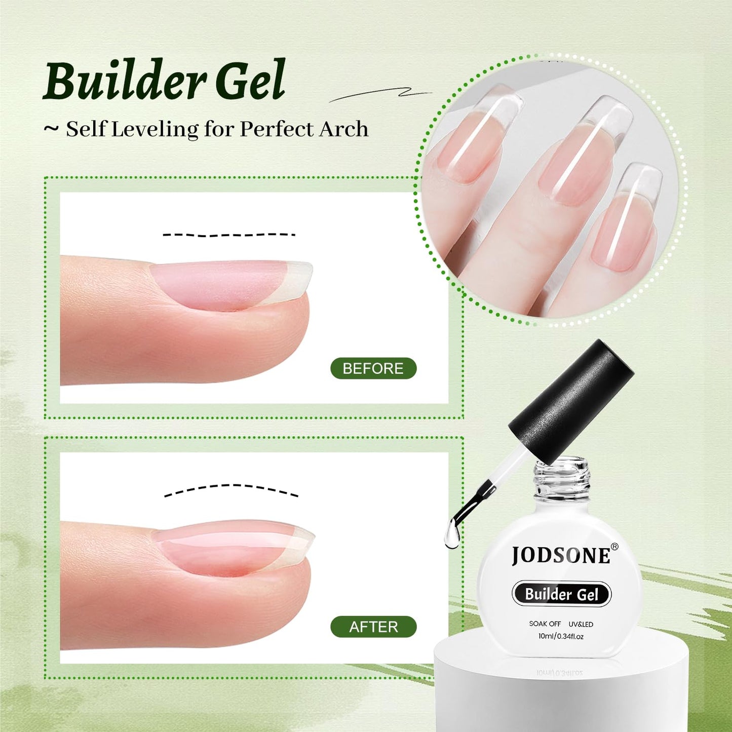 JODSONE 3Pcs 10ml Top Coat Base Coat Builder Gel Set – No Wipe Gel for Strengthening Thickening and Nail Extension Requires U V Lamp Curing