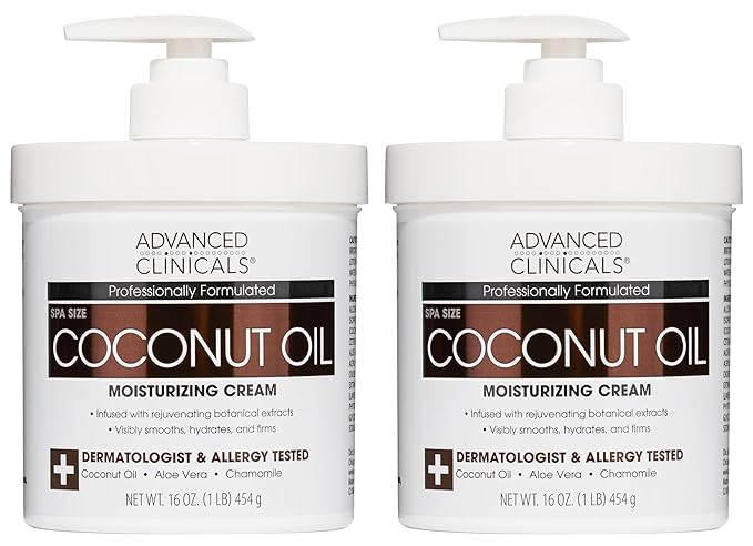 Advanced Clinicals Coconut Oil Body Cream For Women & Men | Hydrating Coconut Lotion For Extremely Dry Skin | Visible Anti Aging Body Butter Skin Care Balm Moisturizer For Hand, Heel, Feet, 16oz, 2PC