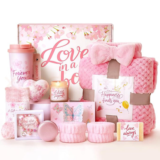 Birthday Gifts for Women, Gift Basket for Mom Wife Sister Her Friends, Luxury Self Care Spa Set with Blanket, Thank You Get Well Soon Holiday Gifts Box for Mother Valentine Day (Red)