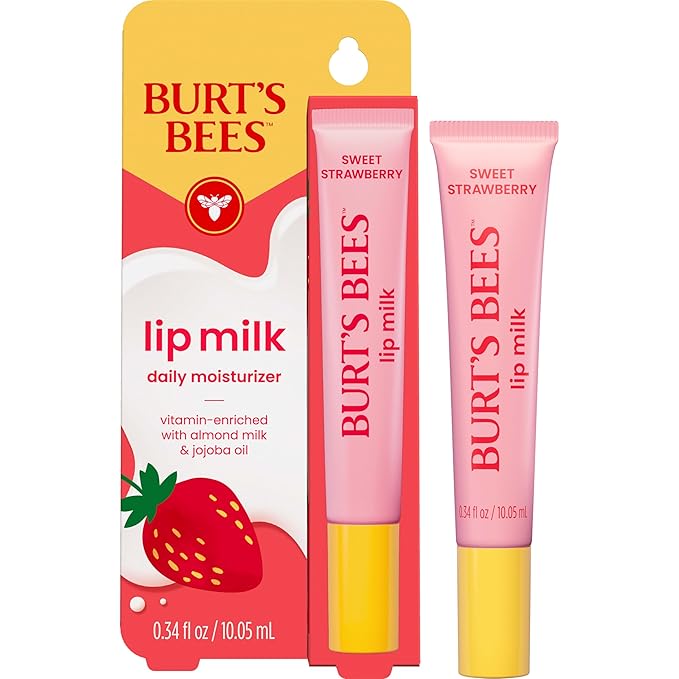 Burt’s Bees Lip Milk, Daily Lip Moisturizer, Sweet Strawberry, Vitamin Enriched Moisturizing Lip Balm with Almond Milk and Jojoba Oil, Hydrating for Softer Lips, 1 Tube, 0.34 Fl Oz