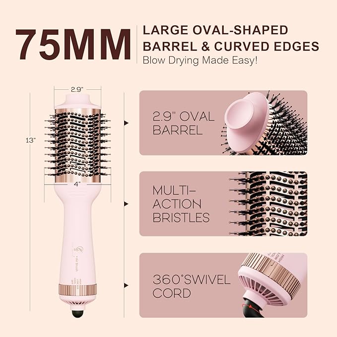 Big Size Dual Voltage Hot Air Brush Dryer, 4 in 1 Ionic Blowout Hair Dryer Brush & Styler Volumizer with 75MM Oval Titanium Barrel for Long & Thick Hair