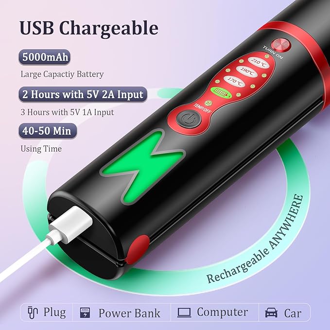 Cordless Titanium Hair Straightener and Curler, Mini Portable USB Rechargeable Fast Heat Up Flat Iron with 5V/5000mAh Battery, Anti-Scald 3-Level for Swift, Smooth and Glossy Hair, Travel Size (Black)