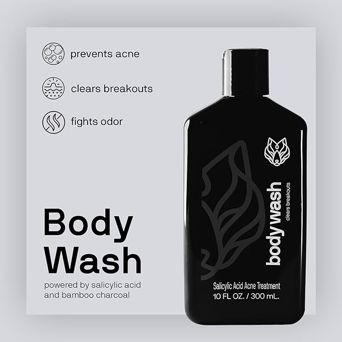 Black Wolf Salicylic Acid Body Wash for Men - 10 Fl Oz Men's Acne Body Wash - Charcoal Helps Reduce Acne Breakouts & Cleanse Your Skin - Full Coverage & Deep Clean Treatment - Men's Bodywash