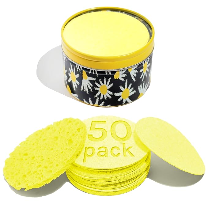 AOA Studio 50-Count Compressed Facial Sponges 100% Natural Cosmetic Spa Sponges for Facial Cleansing, Exfoliating Mask, Remove for Makeup, Dead Skin, and Dirt (Yellow, 50 Counts)