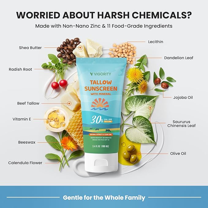 Beef Tallow Sunscreen with Zinc Oxide: Natural Non-Toxic SPF 50 Tallow Sunblock Cream for Face & Body - with 10 Food-Grade Botanical Extracts (SPF 30 (Pack of 1))