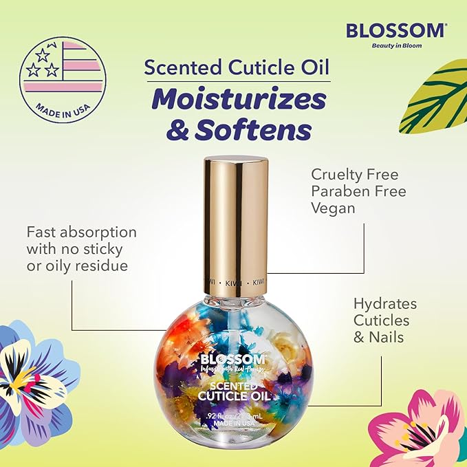 Blossom Cuticle Oil for Nails, Hydrating, Moisturizing, Scented Nail Oil Cuticle Care, Infused with Real Flowers, Made in USA, 0.92 fl. oz, Kiwi