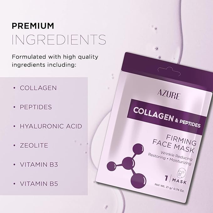 AZURE Collagen & Peptides Lifting Sheet Facial Mask - Restoring, Smoothing & Moisturizing Face Mask - Helps Reduce Fine Lines & Wrinkles, Smooths & Repairs - Skin Care Made in Korea - 10 Pack
