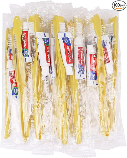 Disposable Toothbrushes with Toothpaste,100 Pack Yellow Hollow Individually Wrapped Disposable Travel Toothbrushes Kit in Bulk for Homeless,Nursing Home,Hotel,Charity
