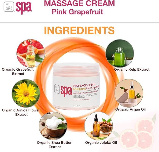 BCL SPA Massage Cream - Body Lotion & Body Cream with Organic Pink Grapefruit, Shea Butter, Aloe Vera, Vitamin E, Argan, and Almond Oils - Nourish & Revitalize skin. Home/Professional use 16 fl oz