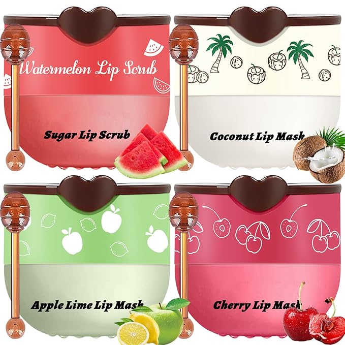 4 PCS Bee Lip Balm Lip Mask Honey Pot Lip Mask & Lip Scrub Set, Watermelon & Cherry & Coconut & Apple Lime Lip Mask Propolis Moisturizing Lip, Hydrating Prevention Dry and Cracked
