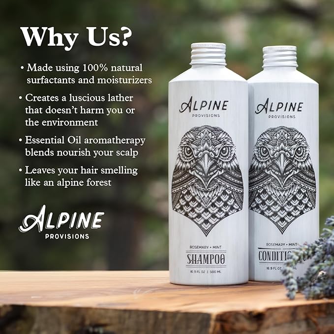 Alpine Provisions Rosemary & Mint Shampoo - Naturally Repair, Cleanse, and Hydrate with Essential Oils, Jojoba, Aloe Vera - Vegan, Sulfate & Plastic Free - Plant-Based Hair Care 16.9 FL Oz