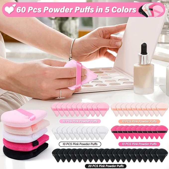 Caffox 60pcs powder puffs for face powder, Triangle Powder Puff for Setting Powder, Makeup Puffs for Loose Powder and Press Powder, Makeup Sponge Powder Applicator for Face and Eye