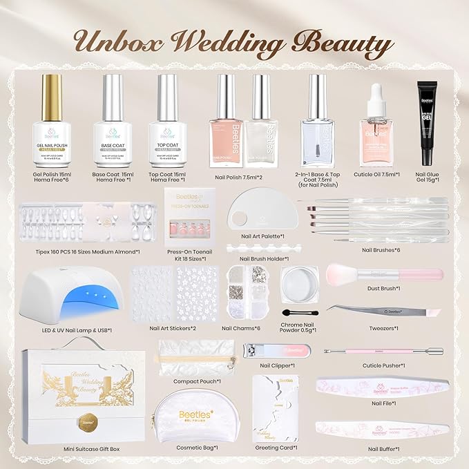 Beetles Wedding Gel Nail Polish Kit – Wedding Beauty 6 Colors Gel Polish, HEMA Free 15ml UV LED Soak Off Manicure with Base Coat Top Coat Oils Nail Polish All in an Elegant Gift Box Nail Set for Bride