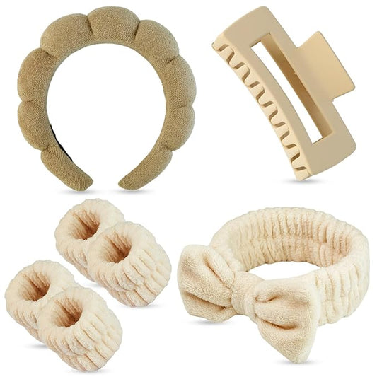 7 Pcs Spa Set, Facial Headband, Spa Headband and Wristband Set, Skincare Headband, College Style Girl Gift, Hair Accessories for Women and Girls（Brown）