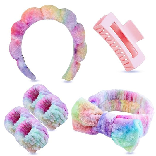 7 Pcs Spa Set, Facial Headband and Wristband Set, Skincare Accessories, College Style Girl Gift, Hair Accessories for Women and Girls（Tie Dye Colourful ）