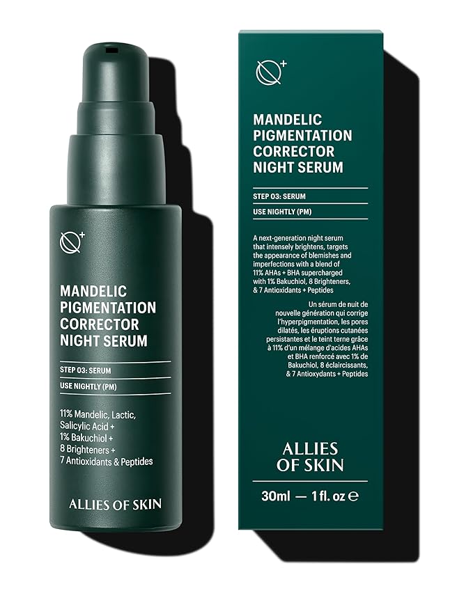 Allies of Skin Mandelic Pigmentation Corrector Night Serum | Gentle Acne Face Serum with Bakuchiol, Niacinamide & Salicylic Acid | Anti-Aging Formula to Reduce Pores and Even Skin Tone (1 oz)