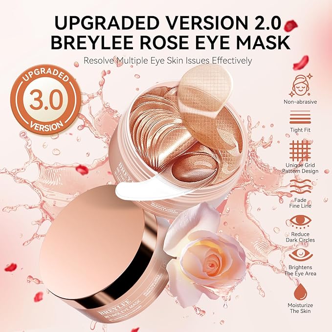 BREYLEE Rose Eye Mask, Under Eye Patches with Collagen & Hyaluronic Acid, Treat Puffy Eyes, Dark Circles, Wrinkles & Fine Lines, Smoothing Skin Care for Women & Men - 60 Pcs