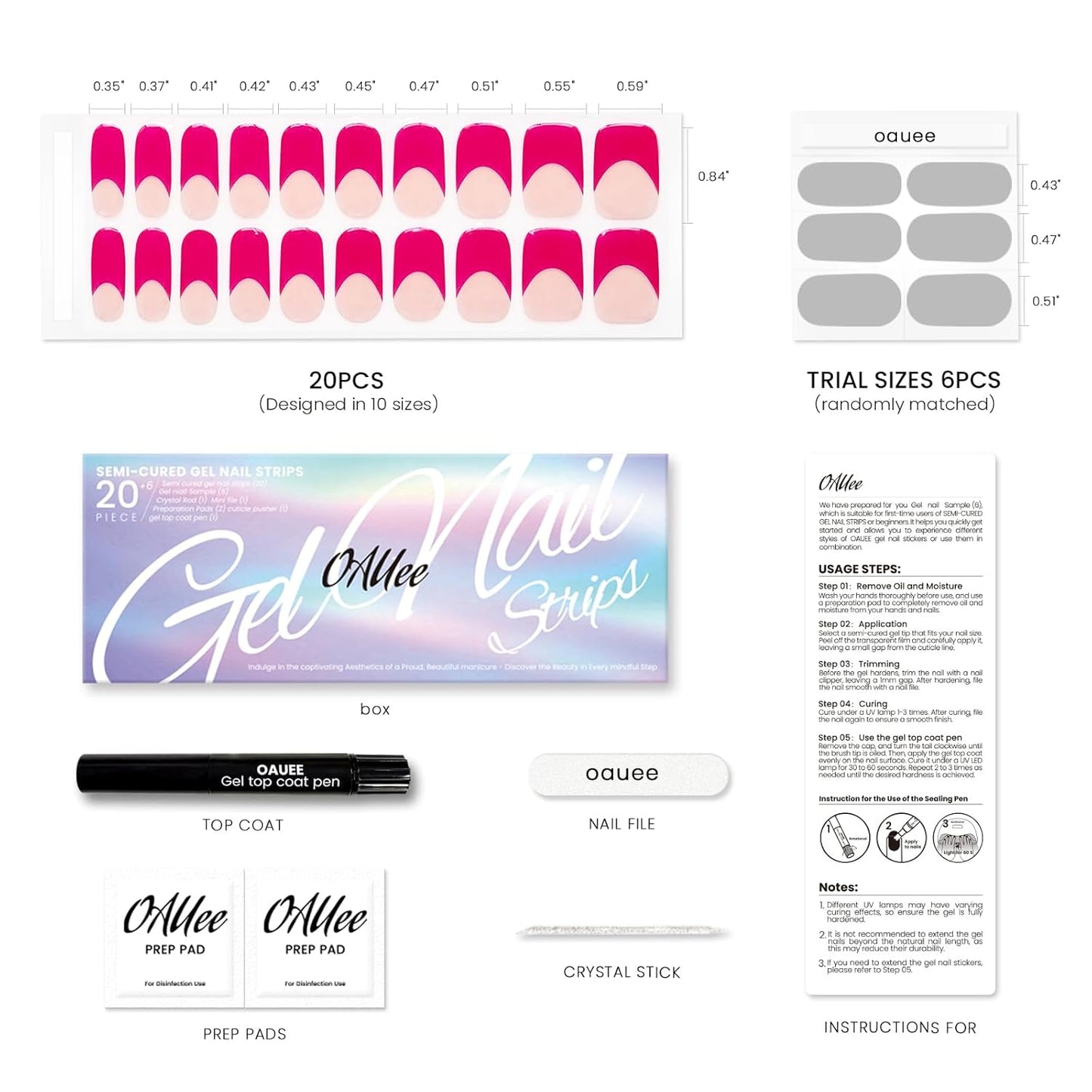 Semi Cured Gel Nail Strips | Built-In Gel Top Coat | UV Light Required | Salon Quality, Easy Application And Removal (Pink French)