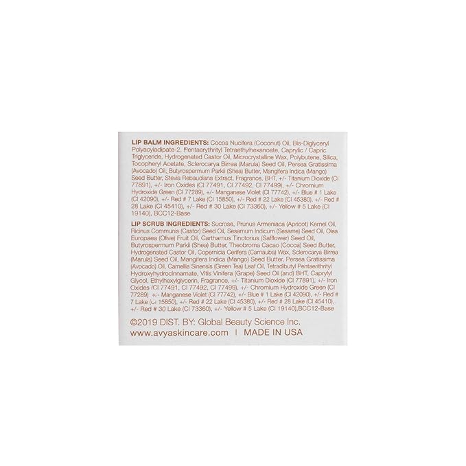 Avya Skincare Two-In-One Lip Treatment/Sugar Scrub Exfoliates and Softens Lips/Balm with Marula and Mango Moisturizes and Nourishes / .07oz