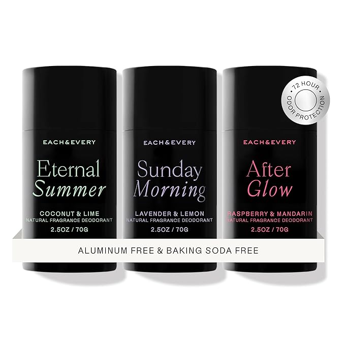 Each & Every All Natural Deodorant for Women & Men - Sensitive Skin, Plant-Based, Baking Soda & Aluminum-Free Deodorant - Long Lasting 24 Hr Odor Control - Multiple Scents (3 Pack, 2.5oz)
