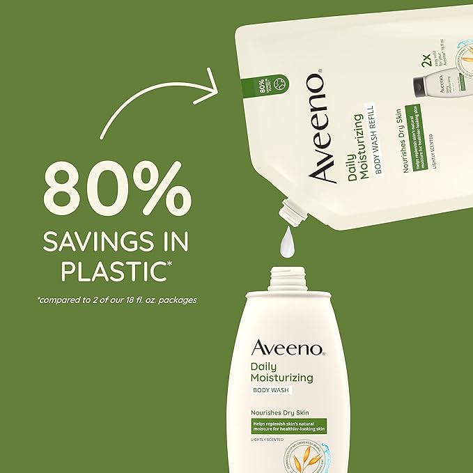 Aveeno Daily Moisturizing Body Wash for Sensitive Skin + Prebiotic Oat, Gently Cleanses, Nourishes & Feels Moisturizing Dry Skin, Light Fragrance, Refill Pouch, 36 fl. oz