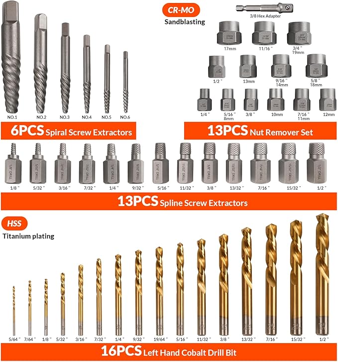 49Pcs Bolt Extractor Kit with Left Hand Drill Bit, Screw Extractor Set Heavy Duty, Bolt Extractor & Reverse Drill Bit Easy Out Damaged Nuts Stripped Screw with Portable Case Great Mens Gift