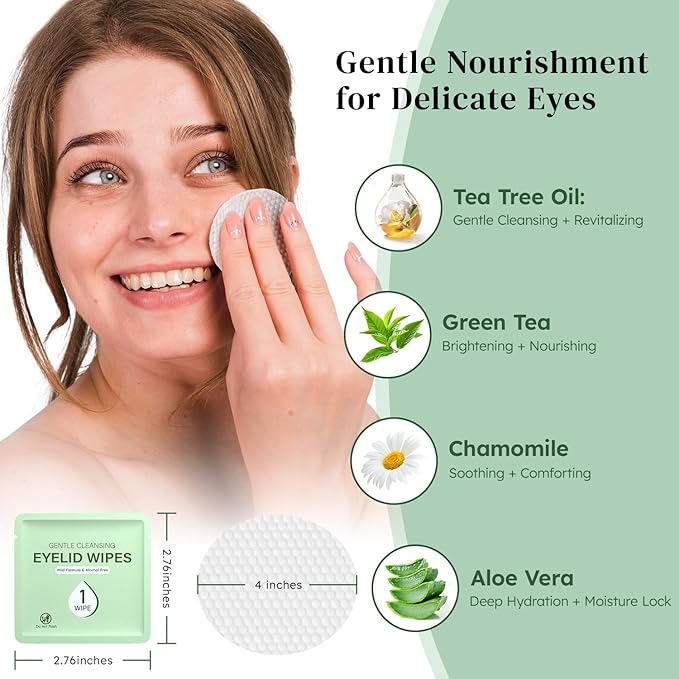 30PCS Eyelid Wipes for Dry Eyes & Blepharitis Relief, Tea Tree Oil Eyelid Cleansing Wipes, Soothes Face Cleansing Wipe, Dual Use Eyelid & Lash Wipe, Daily Eye Care for Women Men, Travel Essentials
