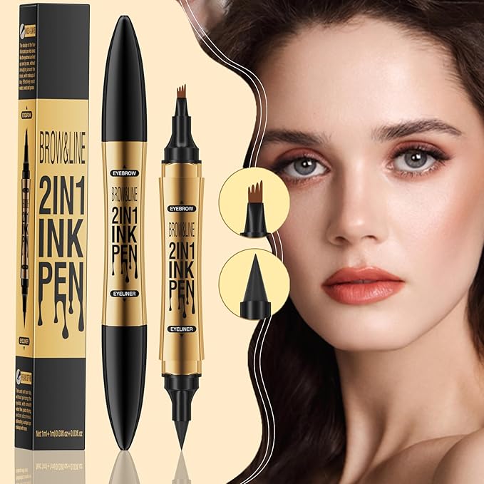 3D Four-Tip Eyebrow Pen & Eyeliner Duo - Waterproof, Long-Lasting, Smudge-Proof, Easy to Use for Perfect Brows and Defined Eyes - Dark Brown Eyebrow Pencil & Black Eyeliner
