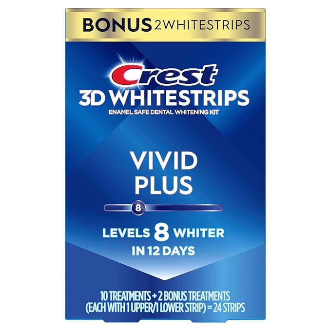 Crest 3D Whitestrips Vivid Plus, Teeth Whitening Strip Kit, 10 Treatments + 2 Bonus Treatments (Each with 1 Upper/1 Lower Strip), 24 Strips, 8 Levels Whiter, Teeth Whitening Kit