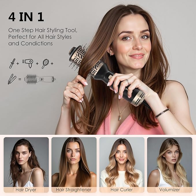 4-in-1 Dual Voltage Hair Dryer Brush, Mini Auto Blow Dryer Brush for European Travel(100-250V), 2 Inch Hot Air One Step Hair Dryer and Styler for Volumizer/Straightener/Curler with EU&UK Plug