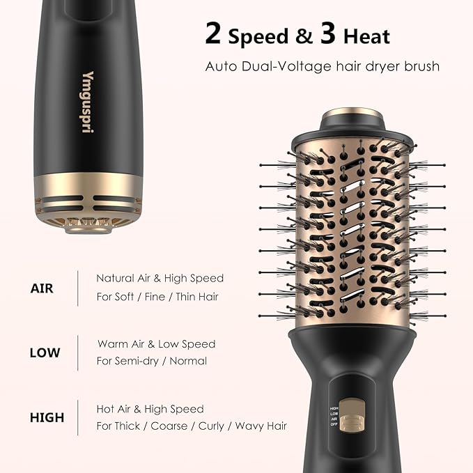 4-in-1 Dual Voltage Hair Dryer Brush, Mini Auto Blow Dryer Brush for European Travel(100-250V), 2 Inch Hot Air One Step Hair Dryer and Styler for Volumizer/Straightener/Curler with EU&UK Plug
