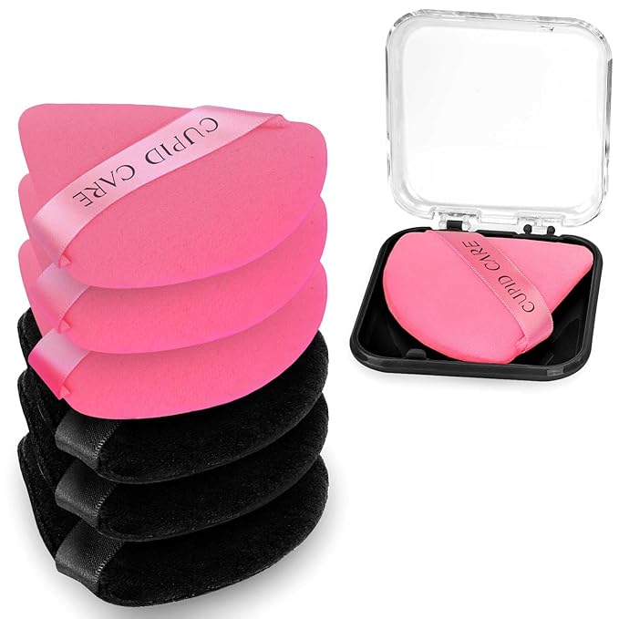 6 Pcs Triangle Powder Puff with 2 Travel Cases, Setting Powder Puffs for Face Powder and Foundation, Velour Makeup Puff for Loose Powder Body Powder, Skin-Friendly, Beauty Makeup Tools