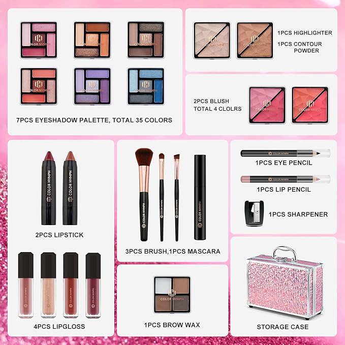 Color Nymph Starter Makeup Kit for Tweens Girls, Train Case for Women Full Kit with Eye Shadow, Lipstick, Blush, Brushes, Lipgloss, Mascara, Brow Wax and Mirror Pink Full Starter Cosmetics Set