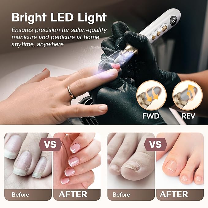 Cordless Nail Drill Electric Nail File: Professional Manicure Pedicure Kit for Acrylic Gel Nails Grind Trim Polish, 15-Speed Brushless Electric Foot Callus Remover ,Nail Tool for Women & Men.