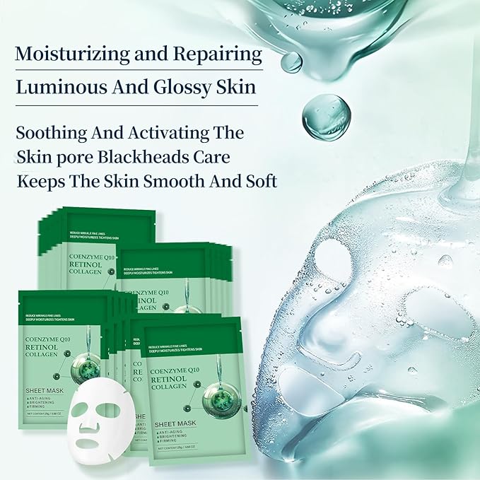 Collagen Face Sheet Mask Anti Aging Skin Care Mask Sheets Collagen Sheets Pack With Coenzyme Q10 Retinol Sheet Facial Masks Bulk, Face Masks Beauty for Women Fine Lines Wrinkle Moisturizing 10 Pack
