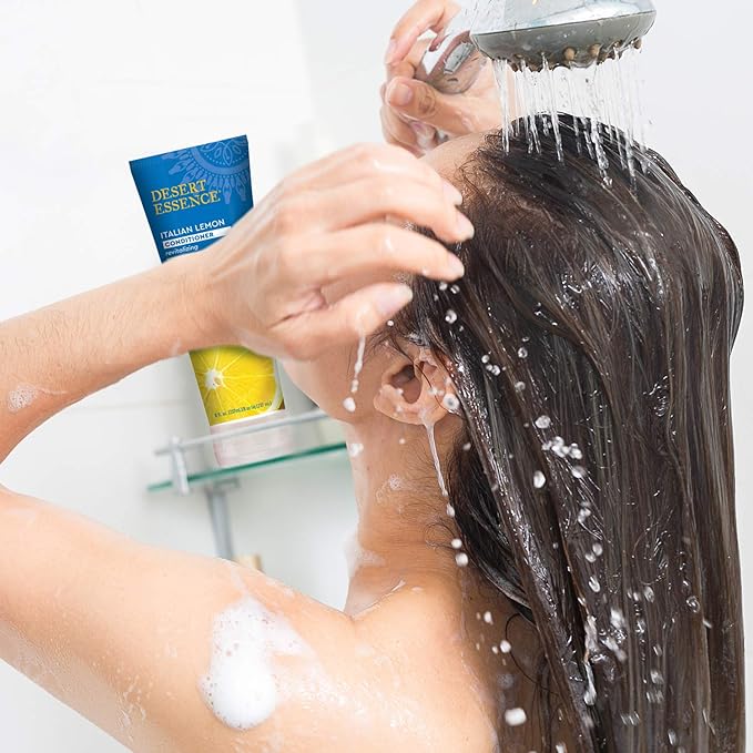 Desert Essence Italian Lemon Conditioner - 8 Fl Oz - Revitalizing Hair Detangler - Adds Volume - Shine - Strength - Scented - Certified Organic - Aloe Vera - Vitamin B5 - Cruelty Free - No Parabens